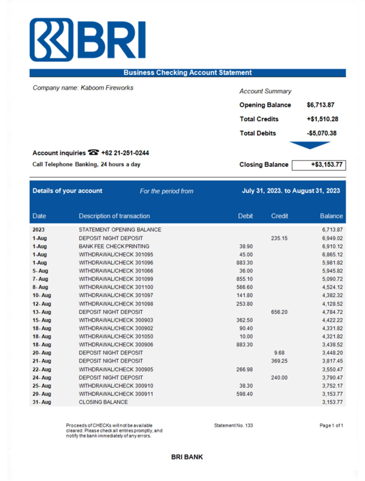 Bank BRI business bank statement Word and PDF template download template